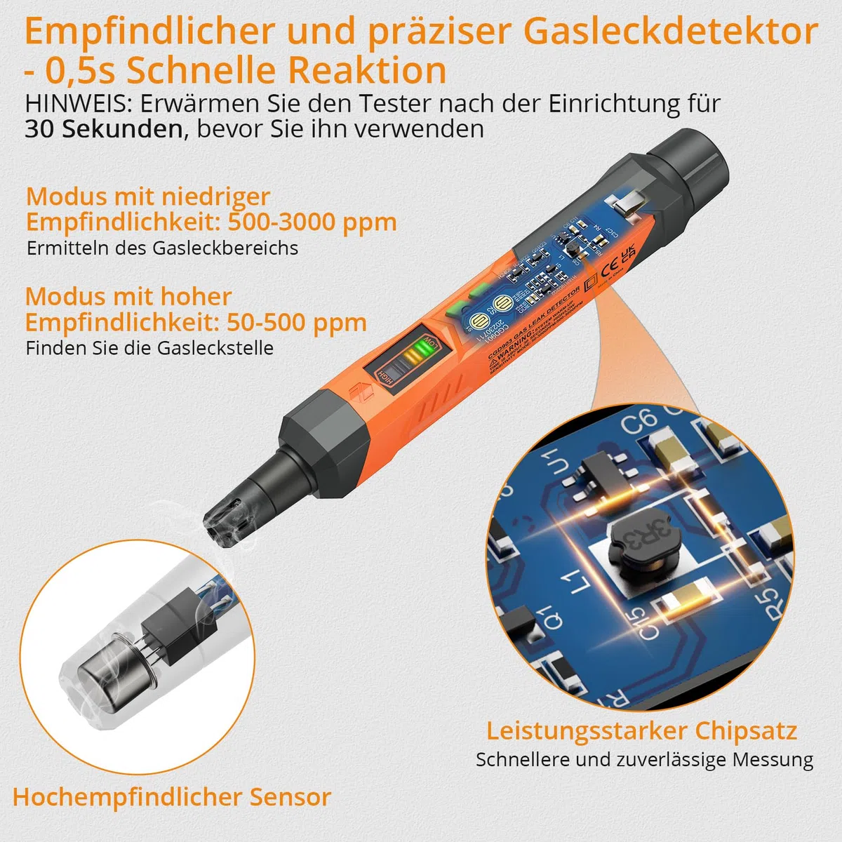 Neoteck Gasleckdetektor Erdgasdetektor mit akustischem und optischem Alarm, Tragbarer Gasdetektor zur Lokalisierung von brennbaren Gasleckquellen wie Methan, Propan für zu Hause