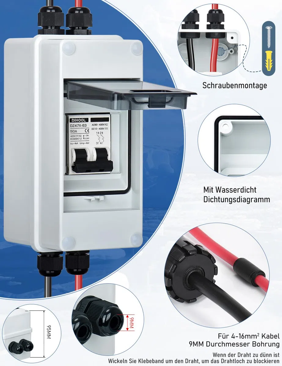 DIHOOL DC 12V Trennschalter PV Solar Anlage Leitungsschutzschalter Sicherungsautomat Gleichstrom 50A 2 Polig (DC12V-DC400V or AC110-400V) Mit IP65 Wasserdicht Gehäuse