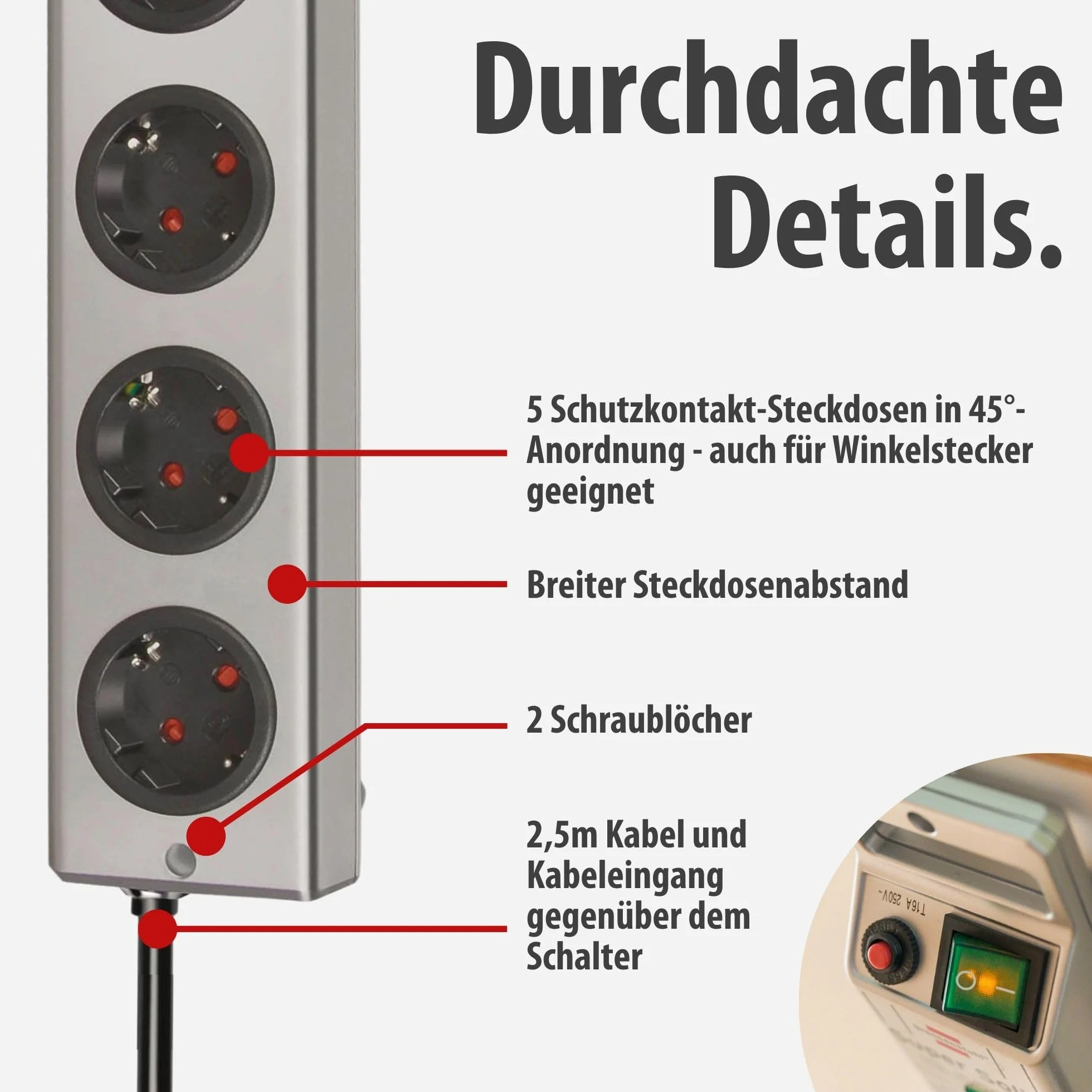 Brennenstuhl Super-Solid, Steckdosenleiste 5-Fach mit Überspannungsschutz (Mehrfachsteckdose mit 2,5m Kabel und Schalter - aus bruchfestem Polycarbonat) Silber
