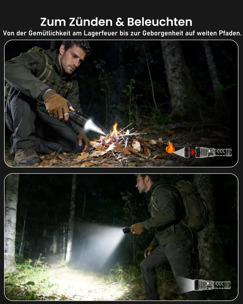 Shadowhawk Taschenlampe Led Aufladbar 1,000,000 LM - 50W Taktische Taschenlampe Extrem Hell, 1000m Weitschuss & 12H Laufzeit, IP67 LCD-Display flashlight für Survival/Outdoor/Camping, Mit Zündfunktion