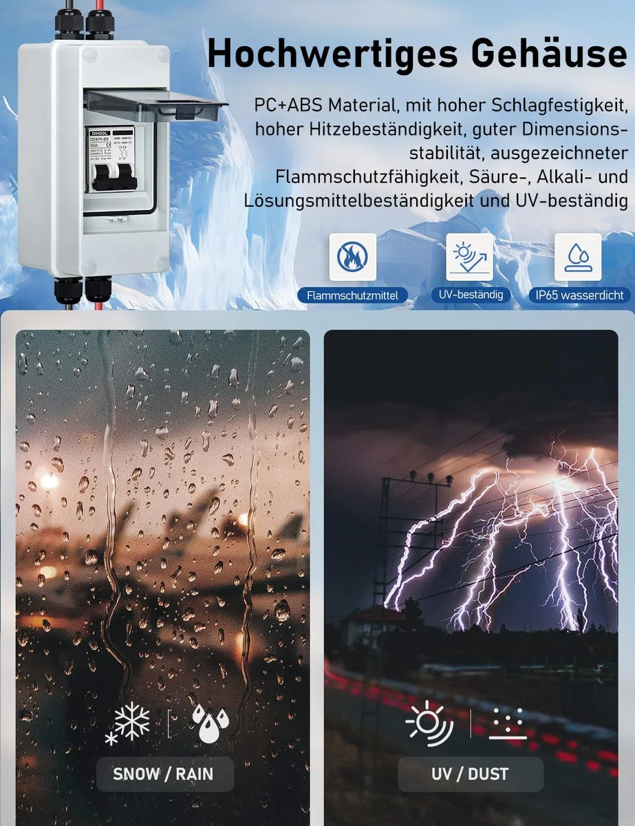 DIHOOL DC 12V Trennschalter PV Solar Anlage Leitungsschutzschalter Sicherungsautomat Gleichstrom 50A 2 Polig (DC12V-DC400V or AC110-400V) Mit IP65 Wasserdicht Gehäuse