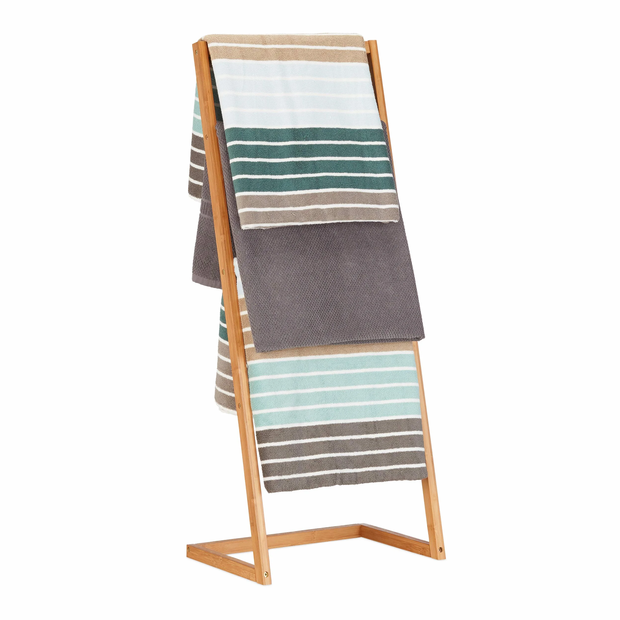 Relaxdays Handtuchhalter freistehend, Leiterregal mit 4 Handtuchstangen, Handtuchständer Bambus, HBT: 100x40x30cm, natur, Beige