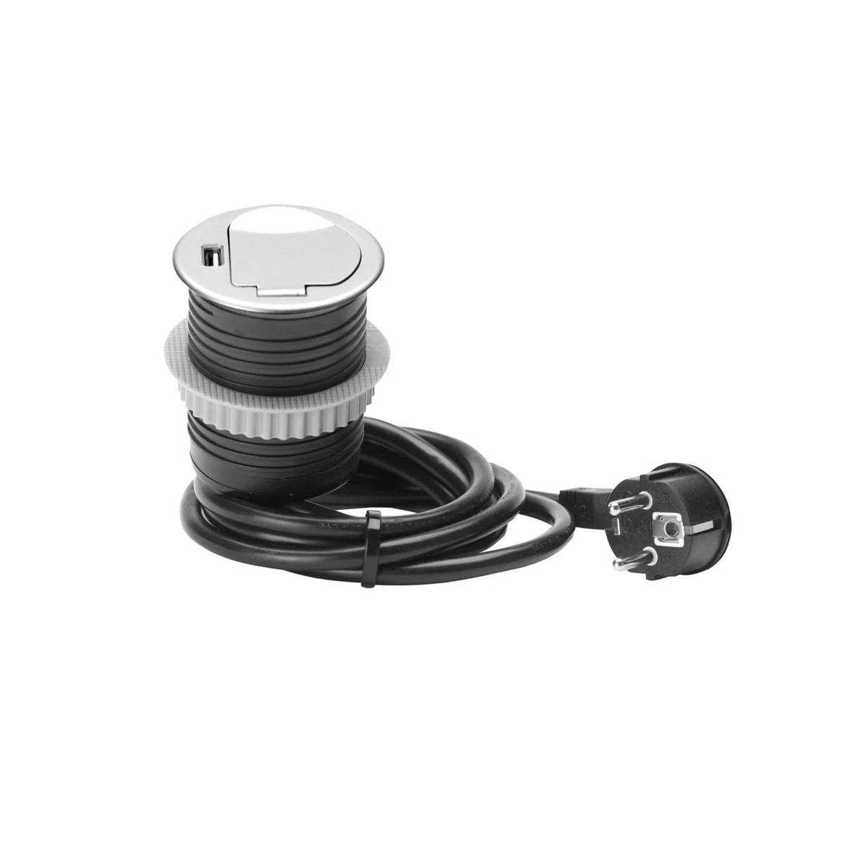 UNITEC Einbausteckdose für Tischplatte, Tischsteckdose, 1xSchuko + 1xUSB, Schutz durch Deckel zum Schieben aus Edelstahl, Kabel 1,5 m, Erforderlicher Bohrungsdurchmesser: 60 mm
