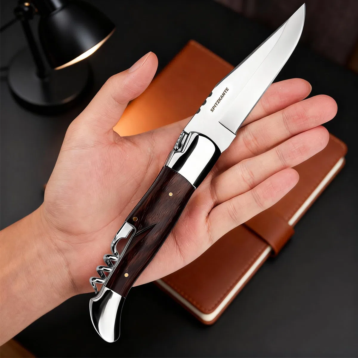 Taschenmesser 42a-konform, Zweihandmesser mit Korkenzieher, sicherem Liner Lock und Holzgriff, EDC Klappmesser für Camping und Wandern