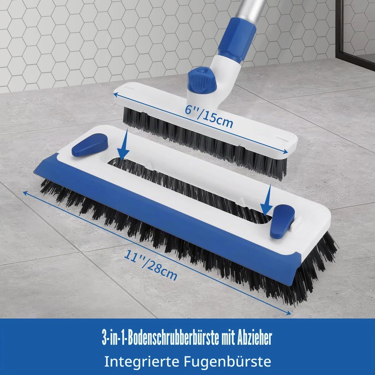 Qaestfy Schrubber mit Stiel Fugenbürste Abzieher Boden 3 in 1 Fugenreiniger Bad 140 cm Teleskop Waschbürste Fliesenreiniger für die Reinigung von Terrasse, Badezimmer, Garage, Küche, Wand