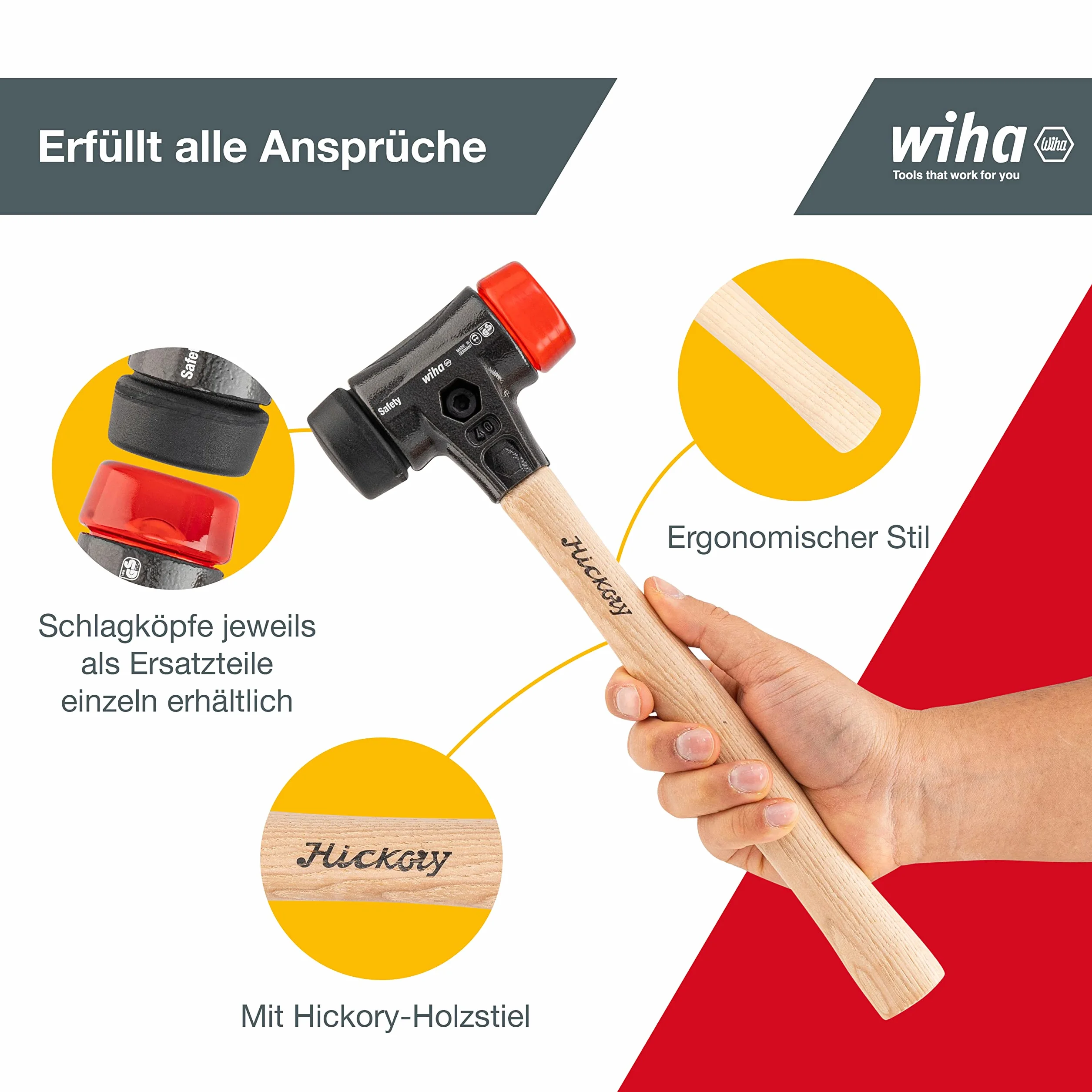 Wiha Schonhammer Safety mittelweich und hart (26612) I Gummihammer mit hochwertigem Hickory Holzstiel I Rund-Schlagkopf 40mm