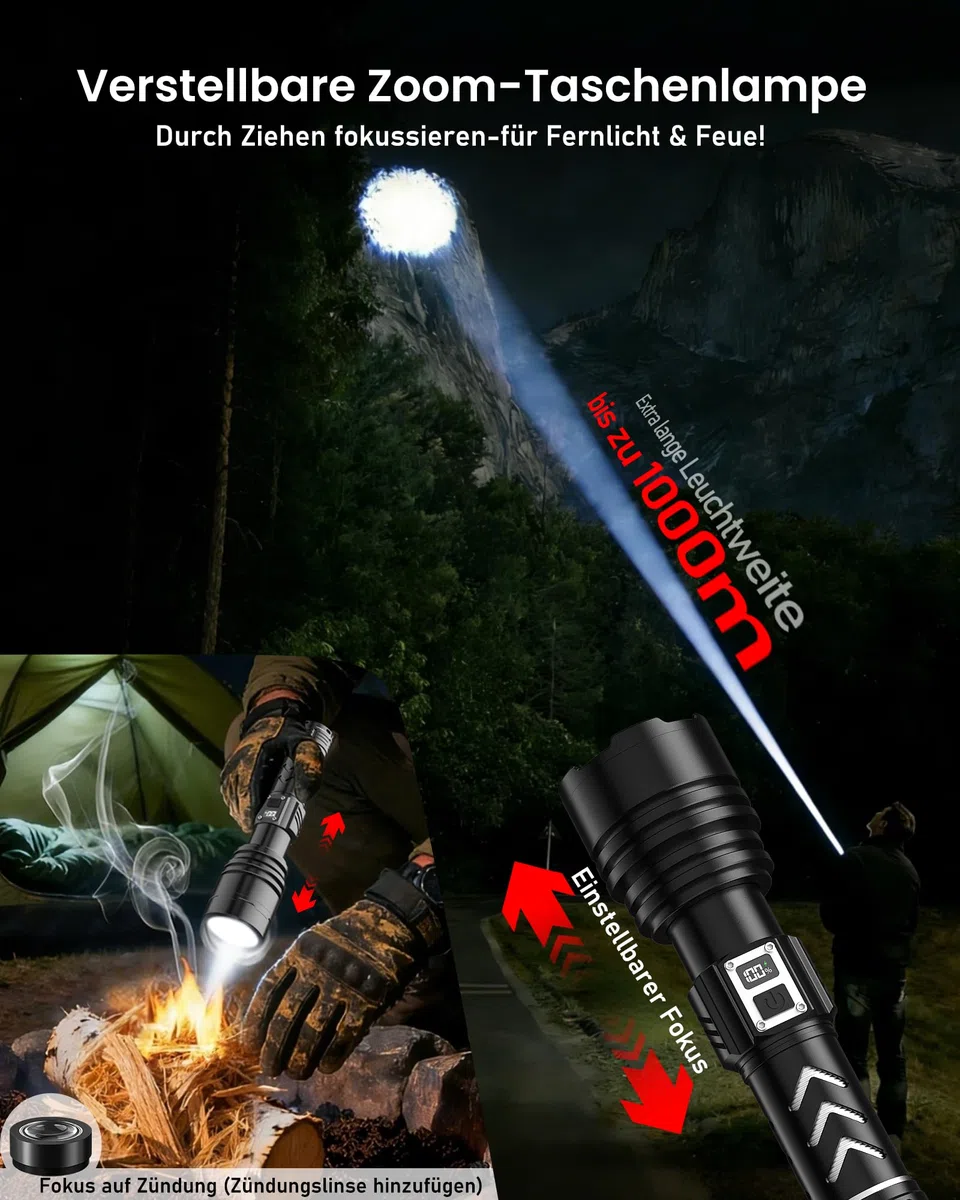 Shadowhawk Taschenlampe Led Aufladbar 1,000,000 LM - 50W Taktische Taschenlampe Extrem Hell, 1000m Weitschuss & 12H Laufzeit, IP67 LCD-Display flashlight für Survival/Outdoor/Camping, Mit Zündfunktion