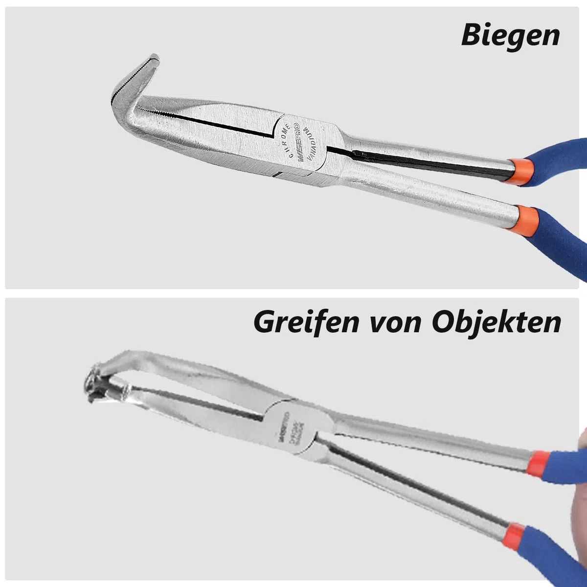 Spitzzange mit langer Reichweite,279 mm Lange,gebogene, mit gezackten Zähnen,Langnasenzange für enge & schwer zugängliche Bereiche,mit rutschfestem Griff(90-Grad-Winkel)