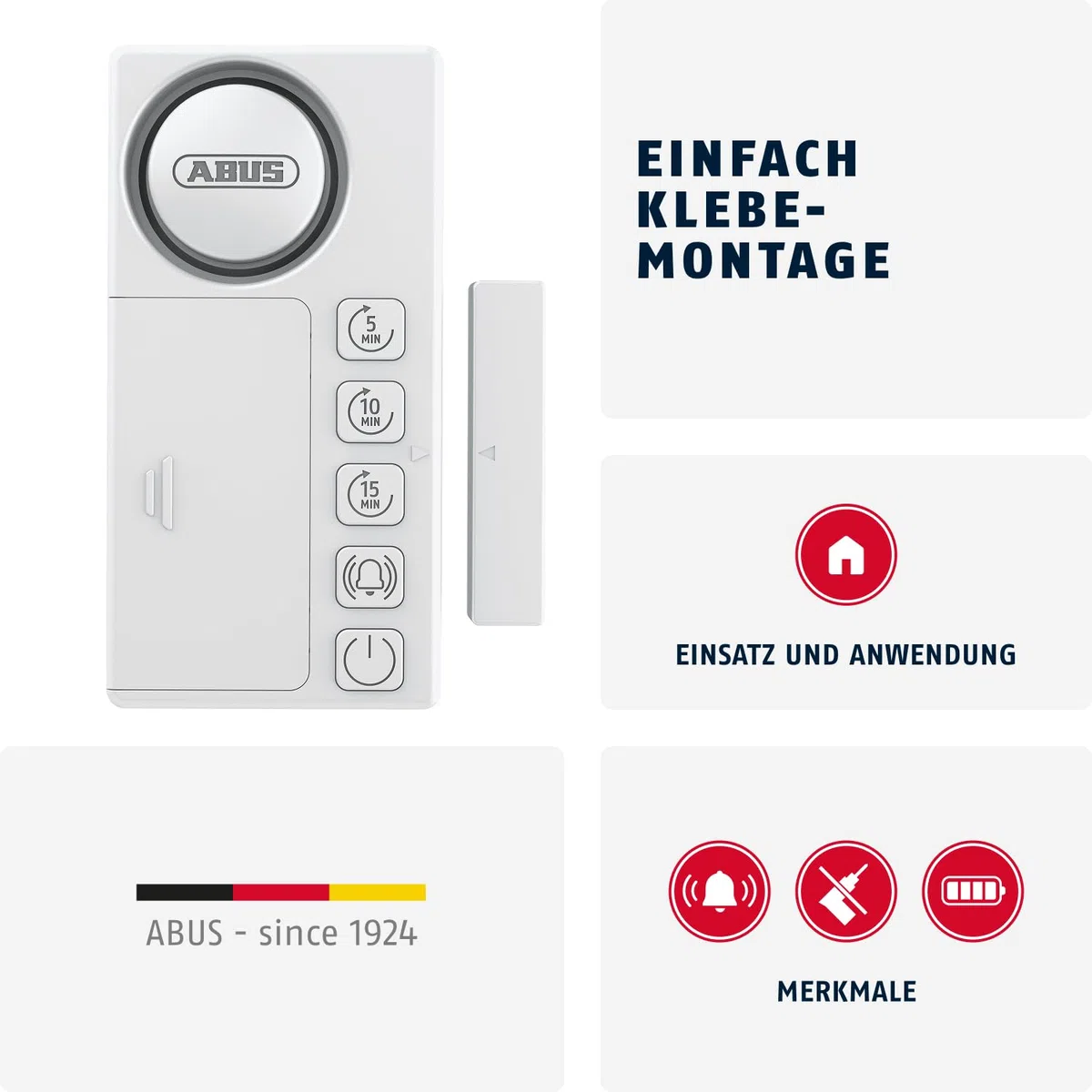ABUS Time2Close Fensteralarm mit Countdown - Timer erinnert nach 5, 10 oder 15 Minuten an offene Fenster oder Türen - optional mit zusätzlichem Alarm bei Einbruch - zur Klebemontage