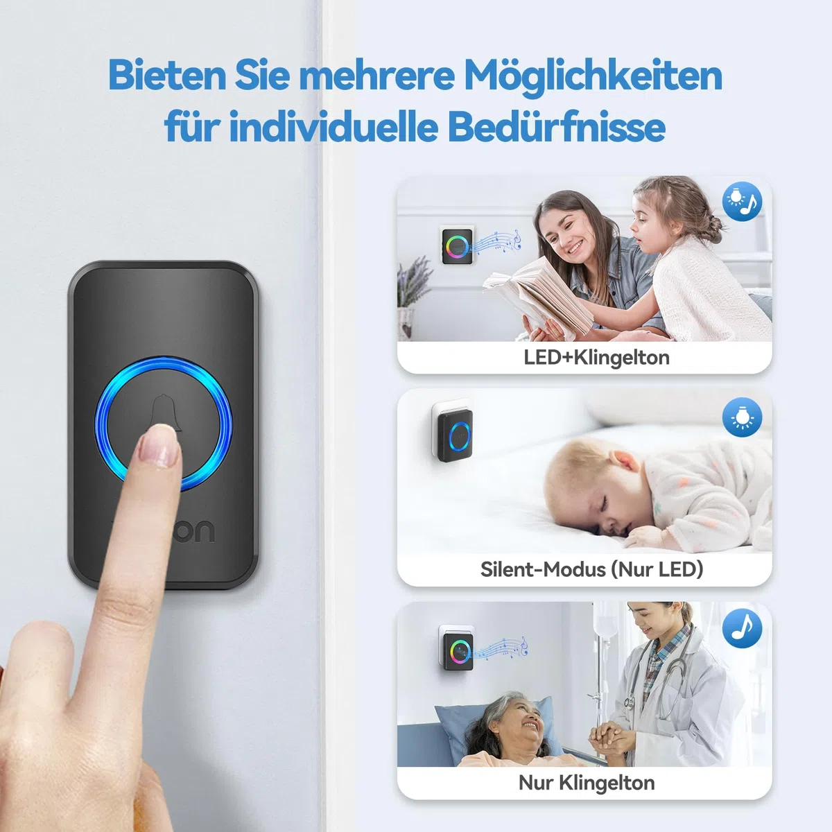 VOXON Funkklingel, 400m Reichweite Kabellose Türklingel Funk Set mit 2 Plug-In-Empfängern und 1 Sender, IP65 Wasserdicht Klingel Haustür für Außenbereich, 60 Melodien Doorbell, RGB-Licht(Schwarz)