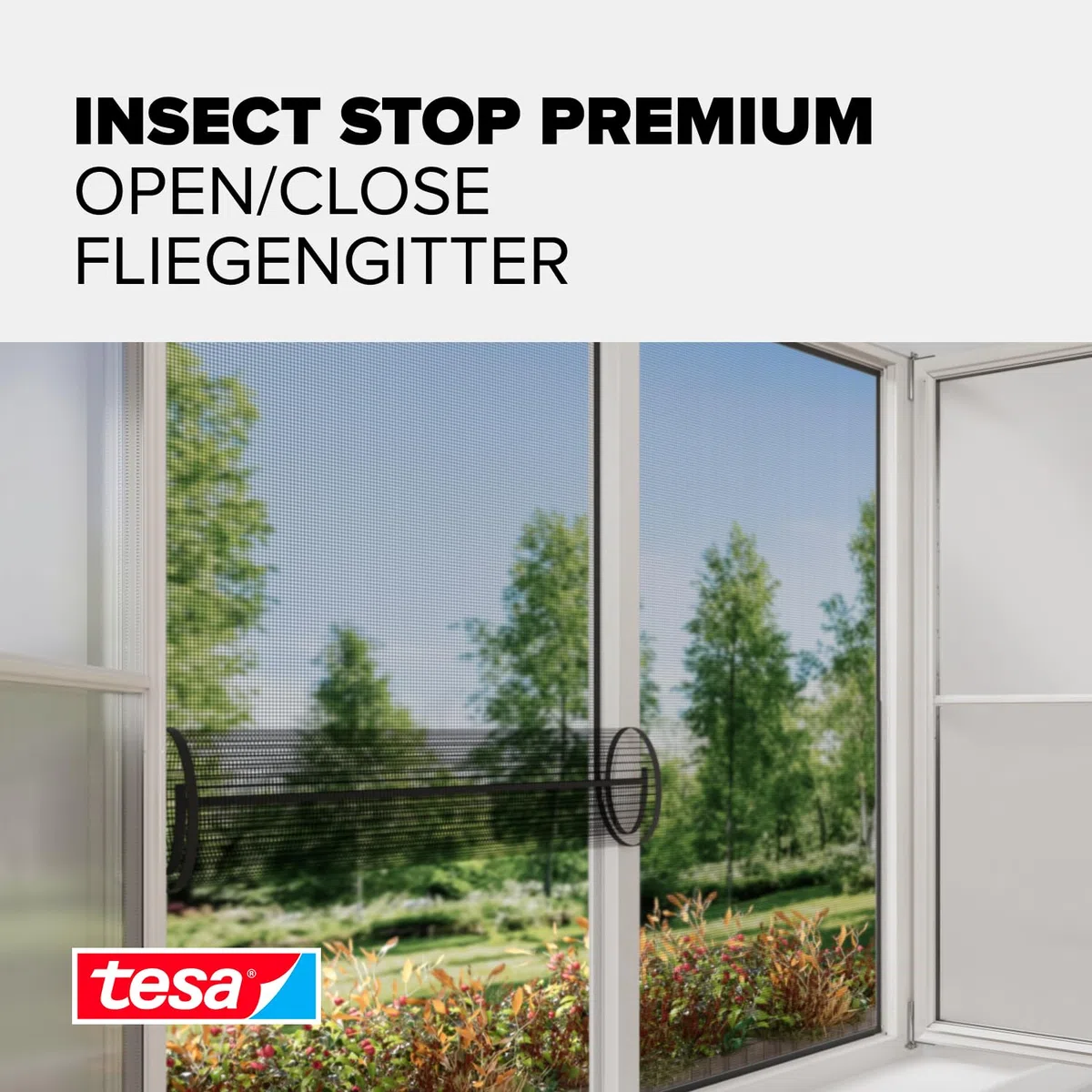 tesa Insect Stop Klett Fliegengitter Open/Close Premium für Fenster - Insektenschutz zum Öffnen und schließen - Mückenschutz ohne Bohren - selbstklebend, 130 cm x 150 cm - Anthrazit (Durchsichtig)