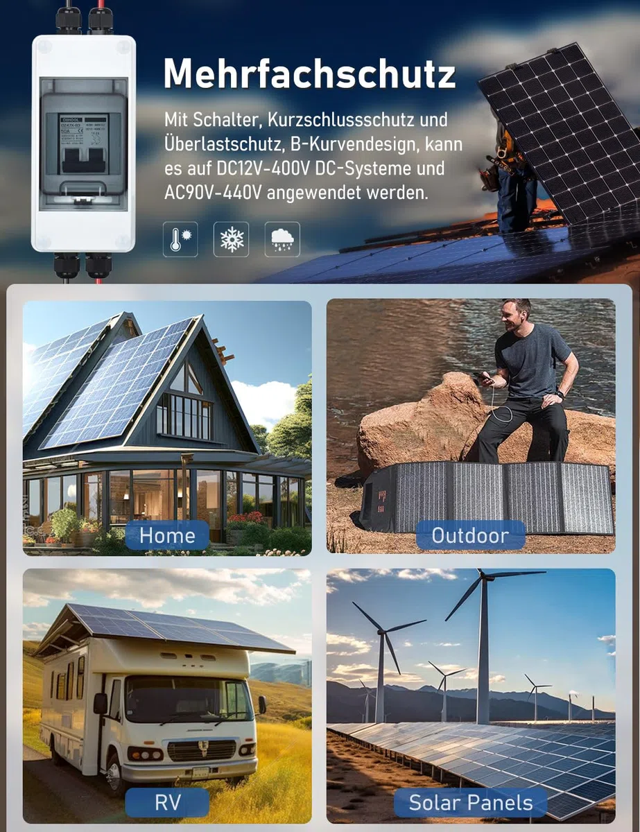 DIHOOL DC 12V Trennschalter PV Solar Anlage Leitungsschutzschalter Sicherungsautomat Gleichstrom 50A 2 Polig (DC12V-DC400V or AC110-400V) Mit IP65 Wasserdicht Gehäuse