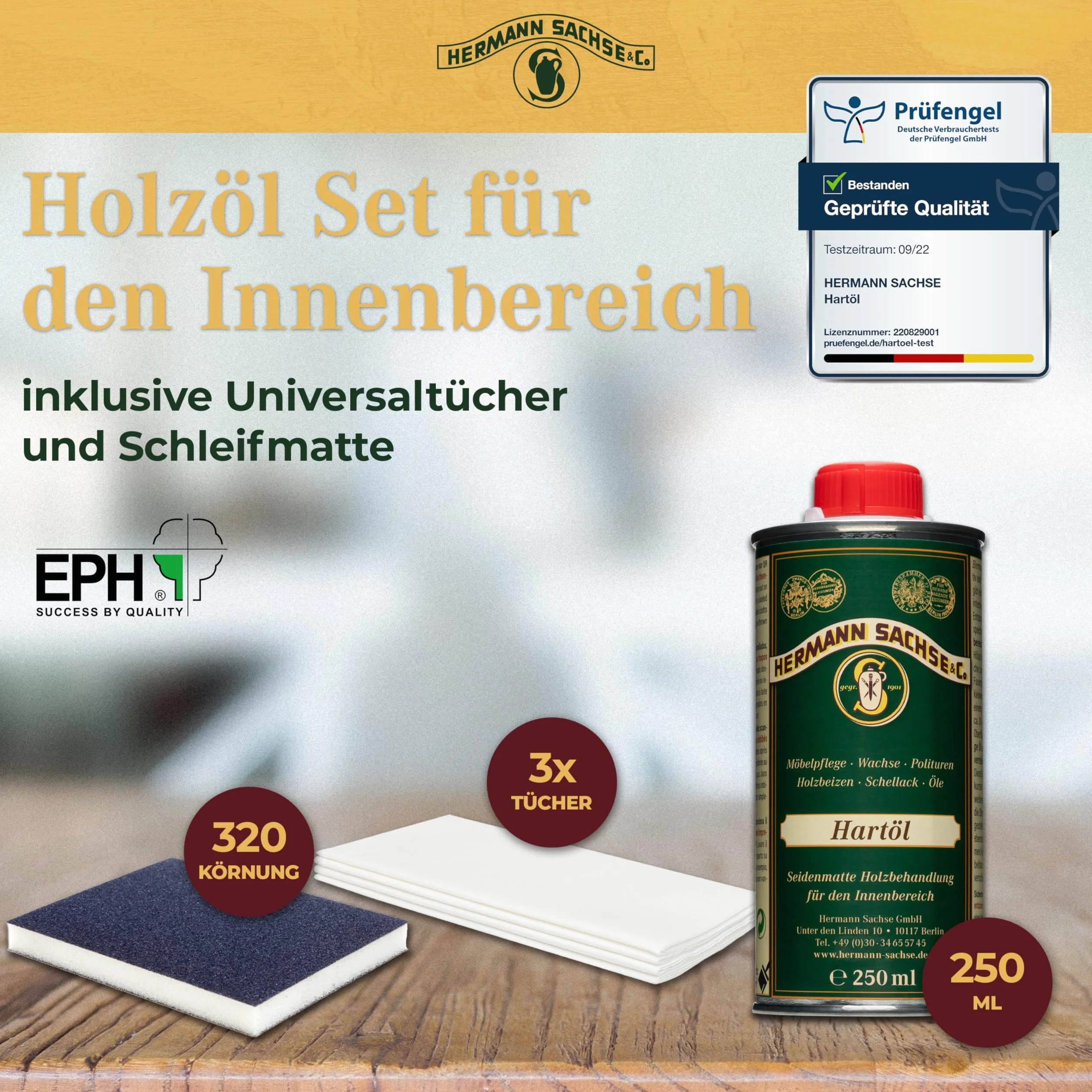 Hermann Sachse Hartöl für Esstische Holztische | 250ml Holzöl mit Universaltuch und Schleifmatte Öl für Eiche Nussbaum Akazie Buche zur Pflege im Innenbereich | Arbeitsplattenöl -Basis Leinölfirnis