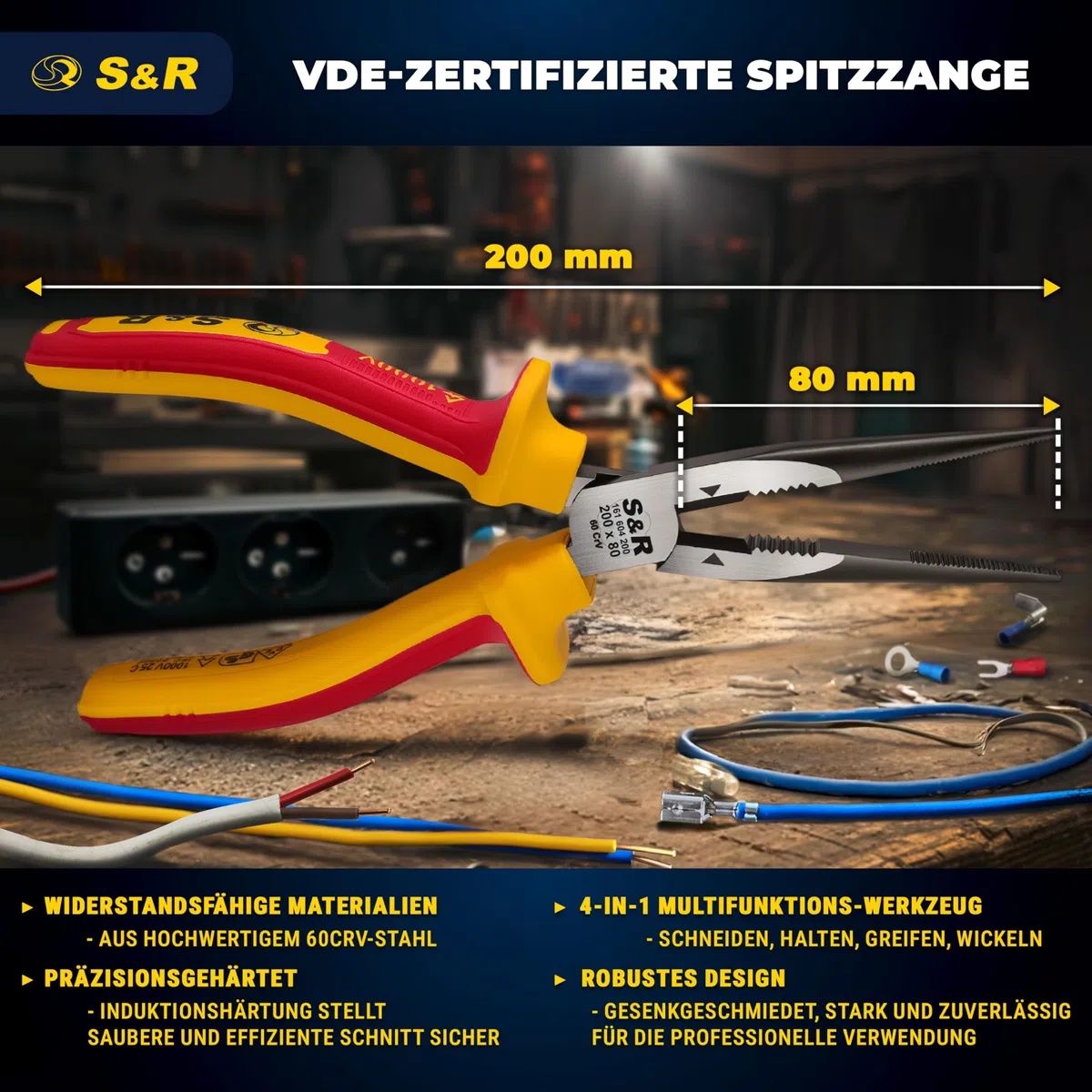 S&R VDE Flachrundzange 200 mm, gerade Spitzzange, 60 CrV hitze- und induktionsgehärtet für professionellen Einsatz, Härte HRC 66, Seitenschneider, 2K-Griff, Abrutschschutz, Storchschnabelzange