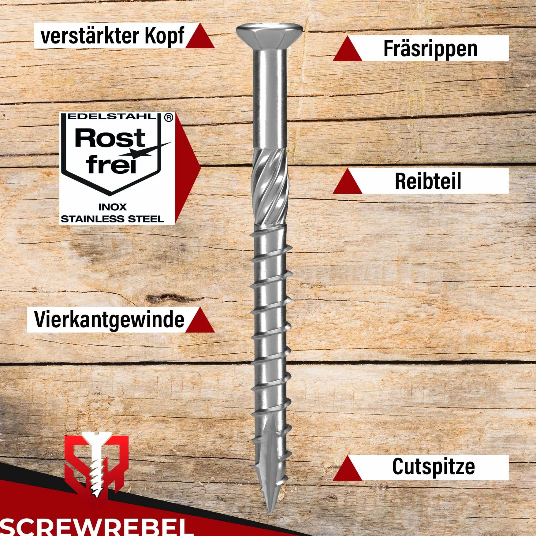 Terrassenschrauben 5 x 80 T-INOX 100 Stück Edelstahl gehärtet C1, Torx 25, inkl. Edelstahl Bit