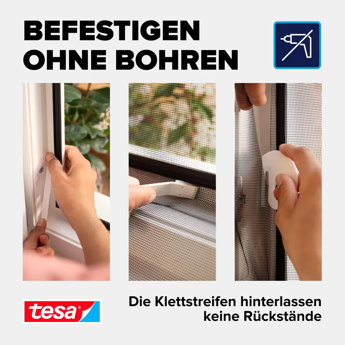 tesa Insect Stop Klett Fliegengitter Open/Close Premium für Fenster - Insektenschutz zum Öffnen und schließen - Mückenschutz ohne Bohren - selbstklebend, 130 cm x 150 cm - Anthrazit (Durchsichtig)
