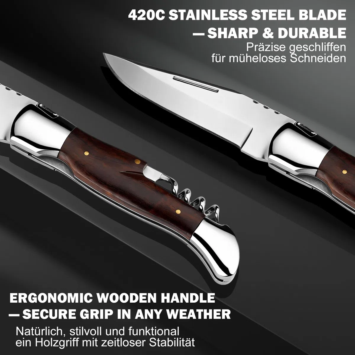 Taschenmesser 42a-konform, Zweihandmesser mit Korkenzieher, sicherem Liner Lock und Holzgriff, EDC Klappmesser für Camping und Wandern