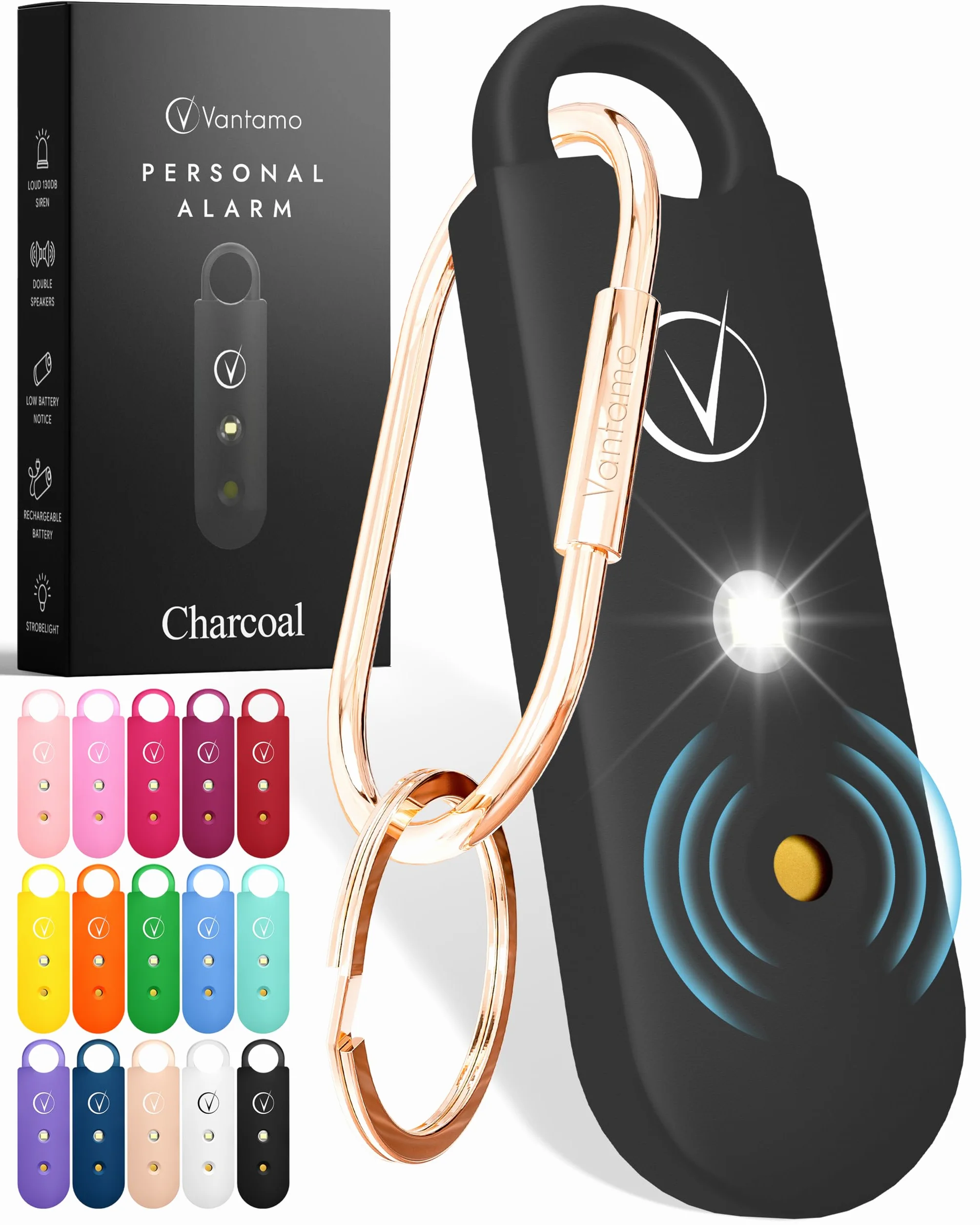 Vantamo Taschenalarm Extra Laut 130dB Mit 2 Lautsprechern Für Selbstverteidigung Frauen, Hell Taschenlampe & Batteriewarnung, Alarm Für Frauen Unterwegs Mit Schlüsselanhänger