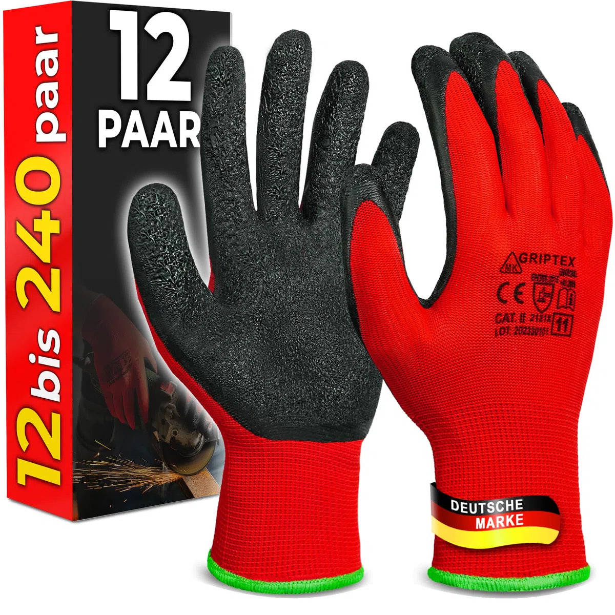 12 Paar Abriebfest Arbeitshandschuhe Herren - Gartenhandschuhe und Montagehandschuhe mit Latexbeschichtung - Werkstatt Schutzhandschuhe Mechaniker Handschuhe - Größe 10-XL