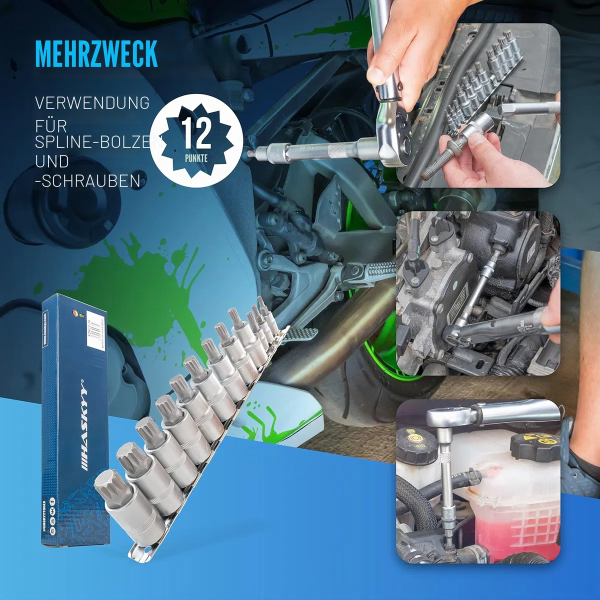 HASKYY 12tlg Innen Vielzahn Nüsse Stecknüsse XZN-Vielzahn-Satz-Set M4 M5 M6 M8 M9 M10 M11 M12 M13 M14 M16 M18