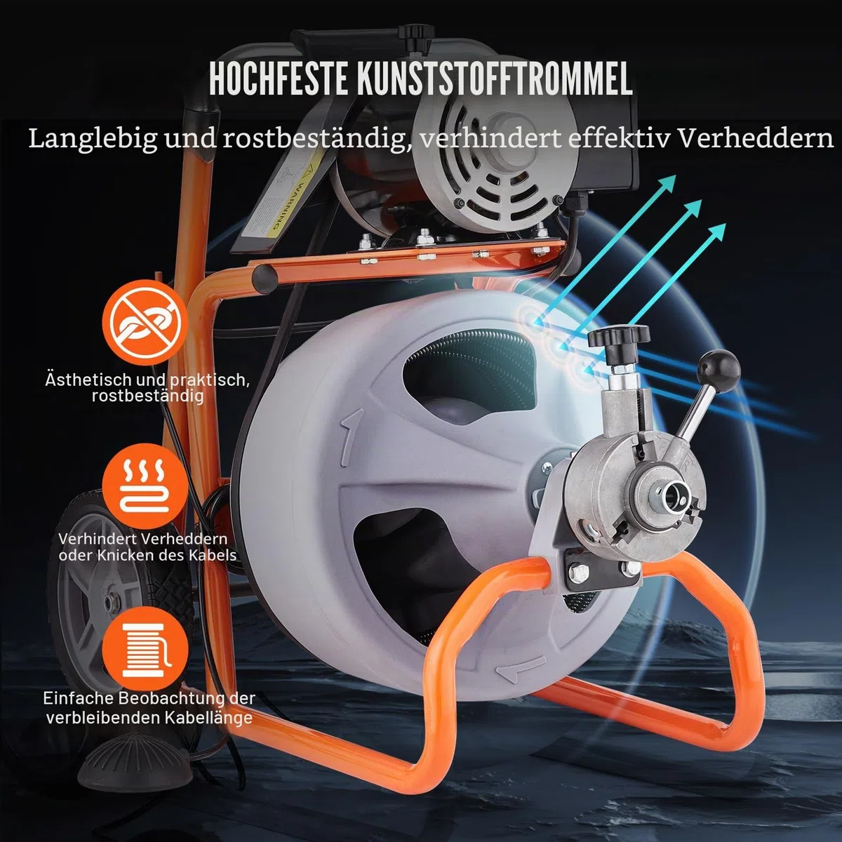VEVOR Rohrreinigungsmaschine 23 m x 9,5 mm, automatische Rohrreinigungsspirale mit Rädern, tragbare Rohrreinigungsmaschine mit 8 Schneidern und luftaktiviertem Fußschalter für 5,08 bis 10,16 cm Rohre
