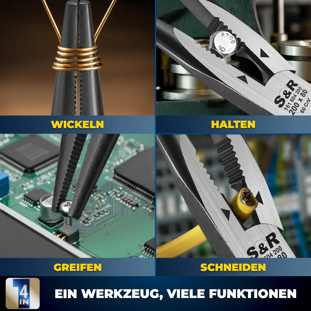 S&R VDE Flachrundzange 200 mm, gerade Spitzzange, 60 CrV hitze- und induktionsgehärtet für professionellen Einsatz, Härte HRC 66, Seitenschneider, 2K-Griff, Abrutschschutz, Storchschnabelzange