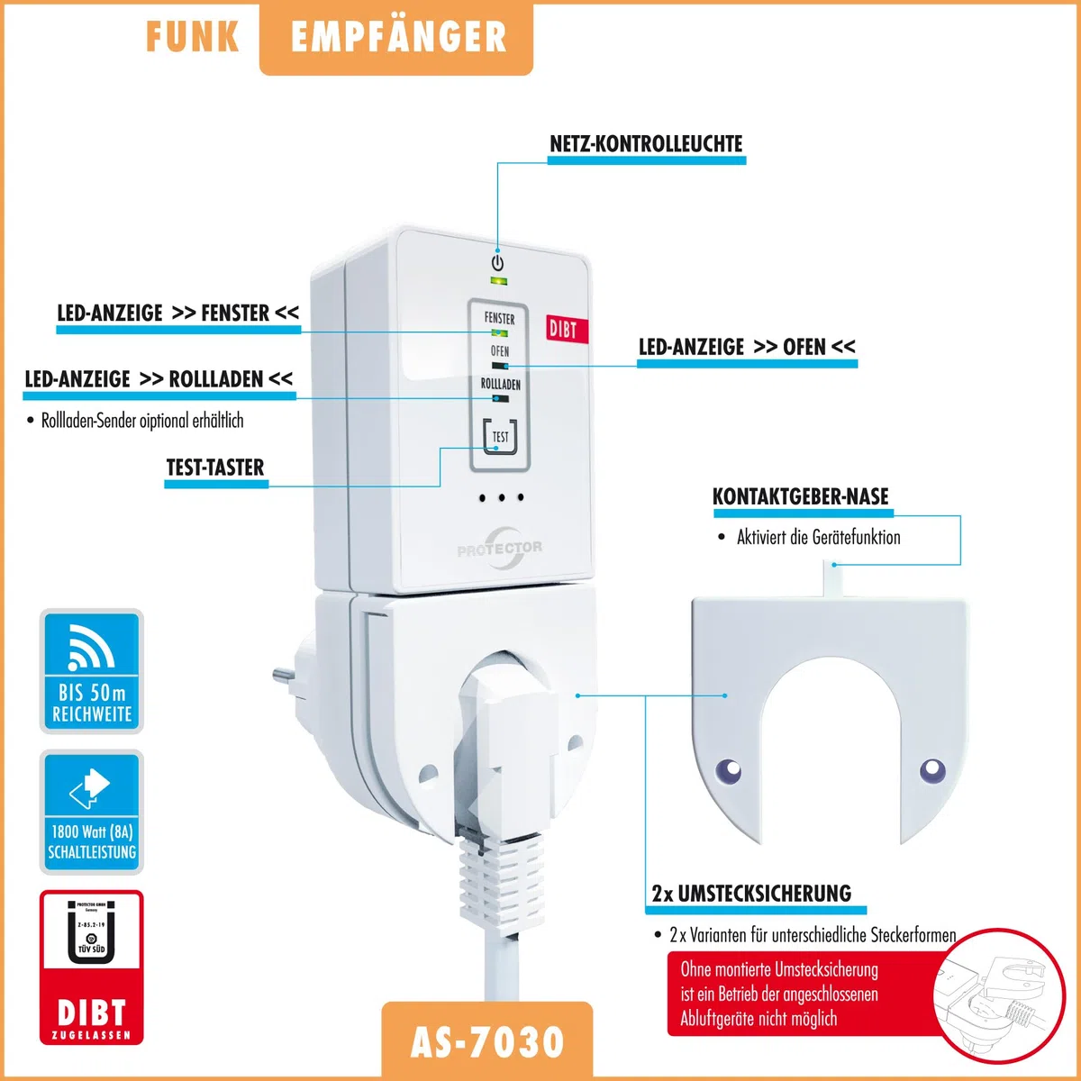 PROTECTOR AS-7030, Funk Abluftsteuerung mit DIBT Zulassung inkl. Funk-Thermosender für Kamin oder Ofen. Der sichere Fensterkontaktschalter, Erweiterbar mit Funk Rollladen-Sender