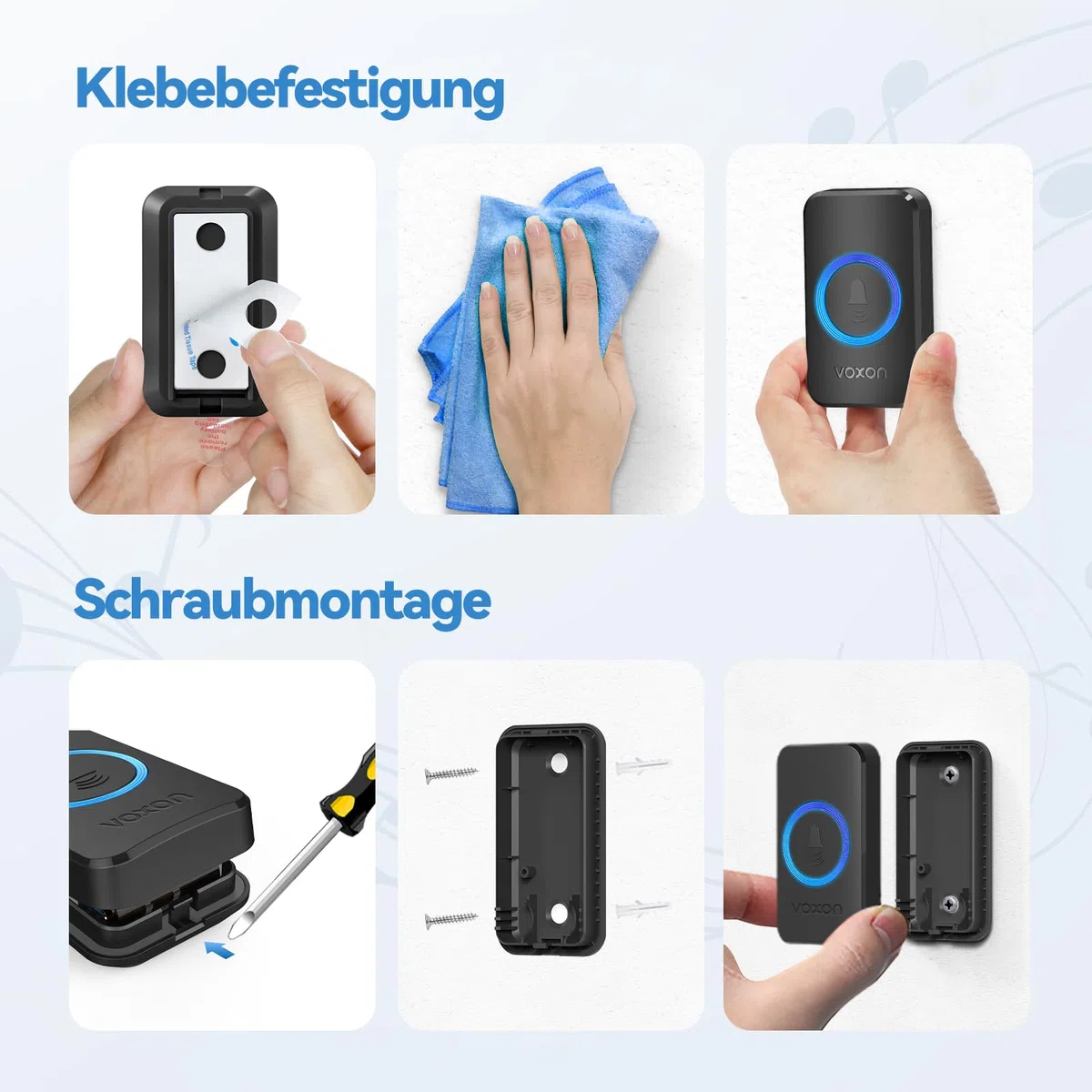 VOXON Funkklingel, 400m Reichweite Kabellose Türklingel Funk Set mit 2 Plug-In-Empfängern und 1 Sender, IP65 Wasserdicht Klingel Haustür für Außenbereich, 60 Melodien Doorbell, RGB-Licht(Schwarz)