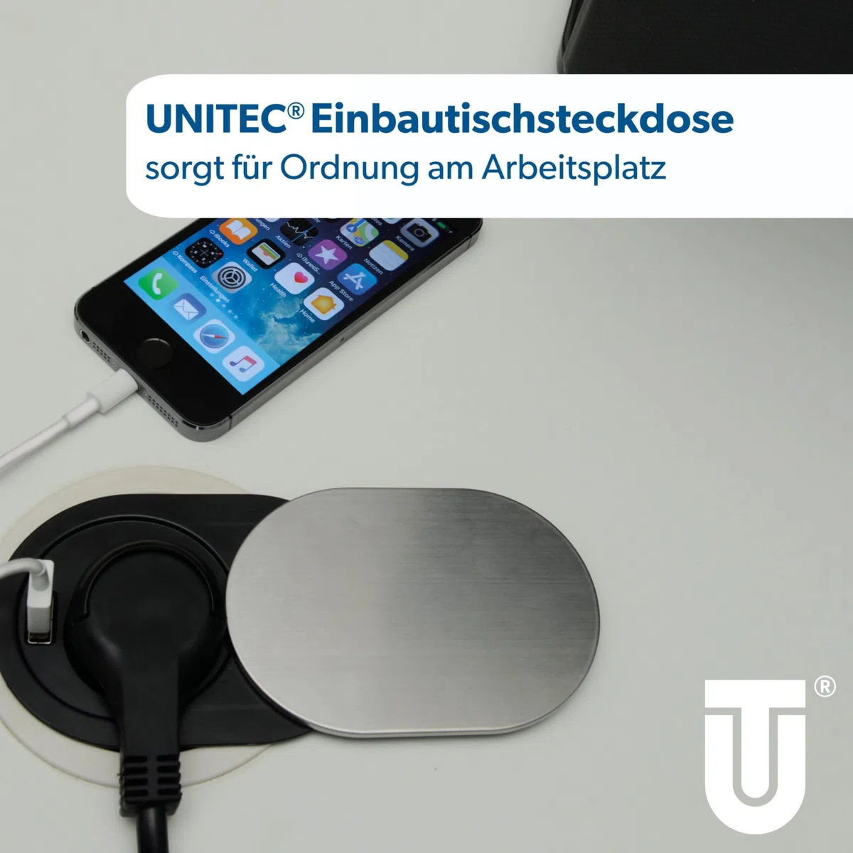 UNITEC Einbausteckdose für Tischplatte, Tischsteckdose, 1xSchuko + 1xUSB, Schutz durch Deckel zum Schieben aus Edelstahl, Kabel 1,5 m, Erforderlicher Bohrungsdurchmesser: 60 mm