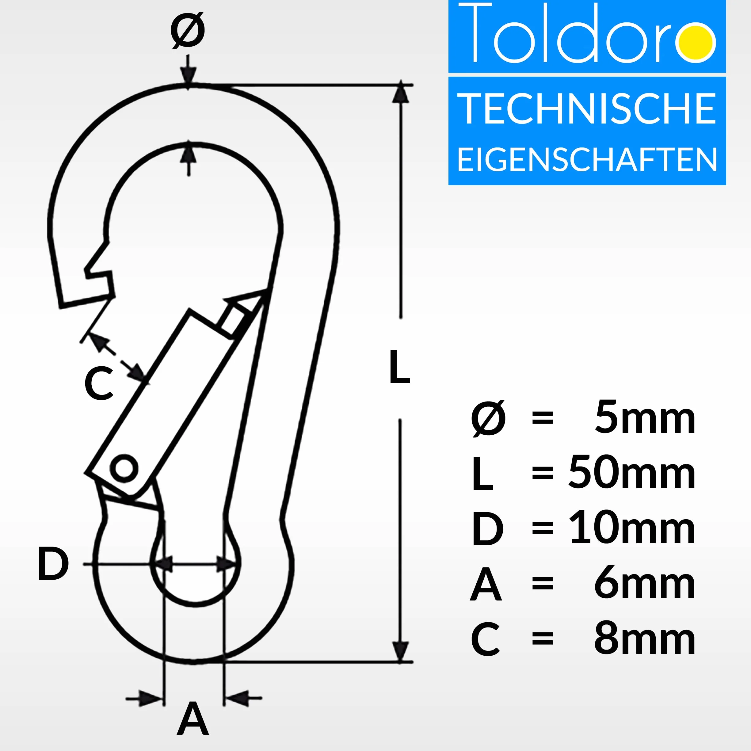 Toldoro Edelstahl Karabiner 5x50mm Rostfrei - NIRO AISI 316 V4A / Karabinerhaken Klein für Schlüsselanhänger, Blumenampel, Hundeleine/Feuerwehrkarabiner, Bruchlast 410kg