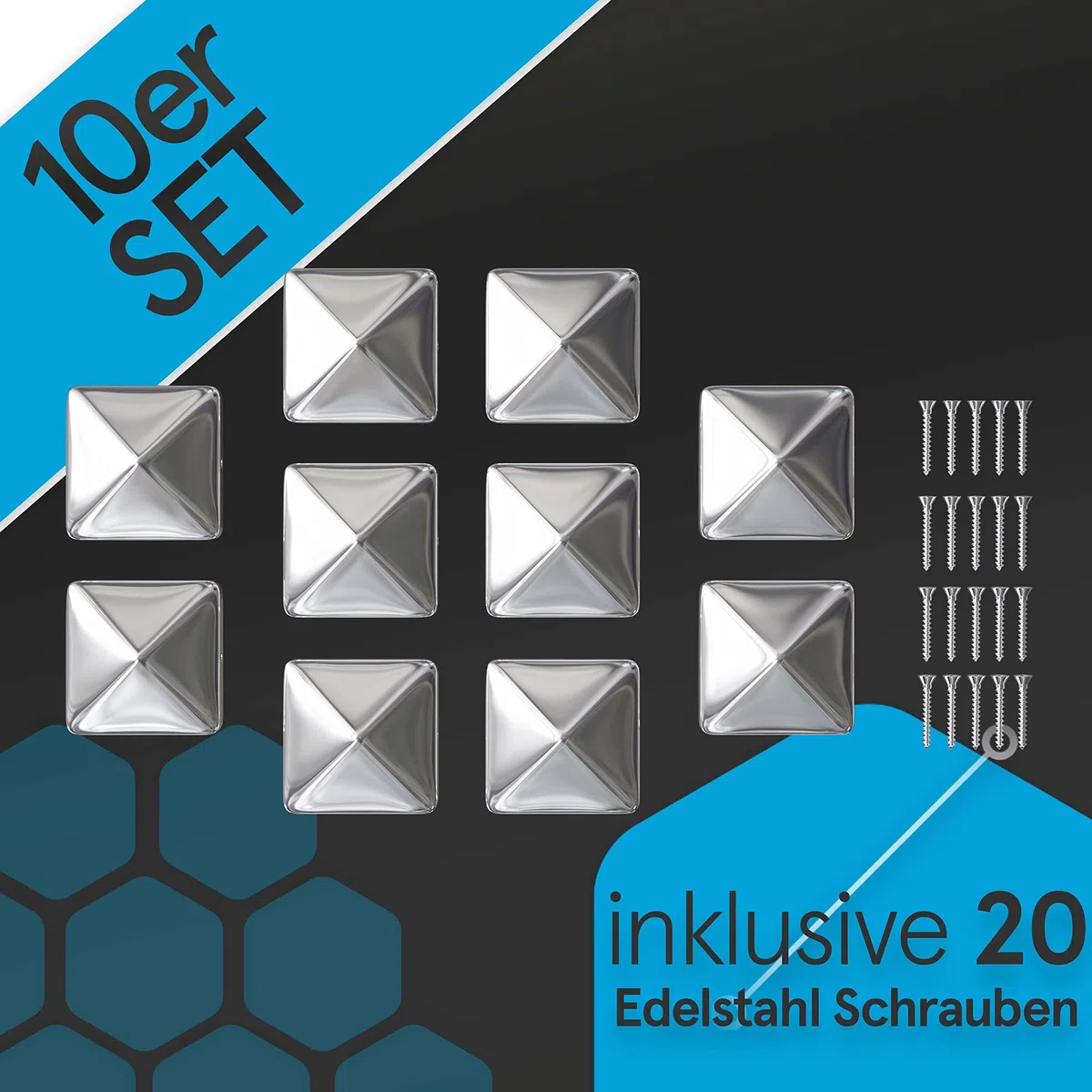 10x Pfostenkappen 7x7cm Edelstahl [Perfekter Schutz] inkl. Edelstahl Schrauben - Rostfreie Abdeckkappen für Zaunpfosten Kappen für Holzpfosten, massive Pfostenabdeckung