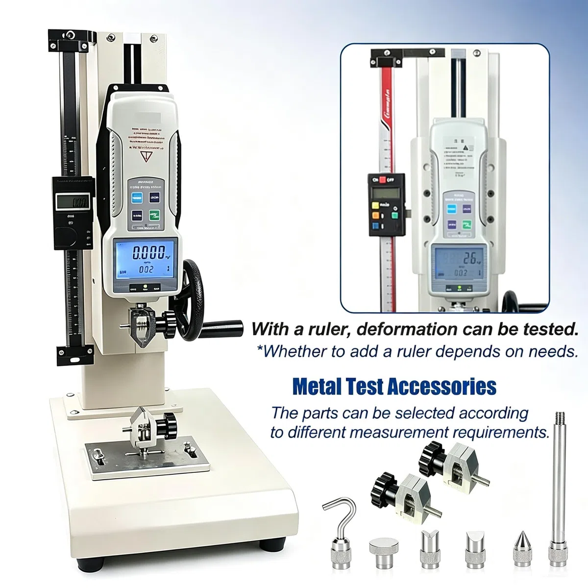 Digitale Zugprüfmaschine mit Handrad, Manueller Kraftmesserständer, Digitalanzeige, 5 Sonden, Pull Push Tester für Textilien, Sport, Federn,