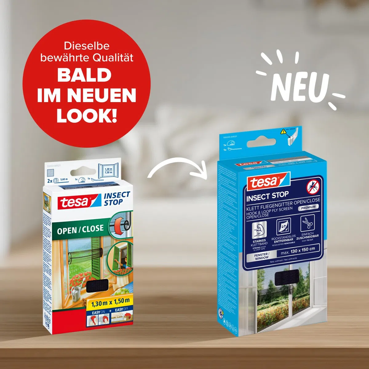 tesa Insect Stop Klett Fliegengitter Open/Close Premium für Fenster - Insektenschutz zum Öffnen und schließen - Mückenschutz ohne Bohren - selbstklebend, 130 cm x 150 cm - Anthrazit (Durchsichtig)