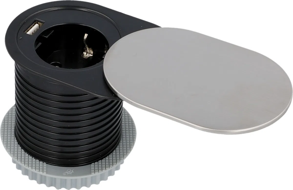 UNITEC Einbausteckdose für Tischplatte, Tischsteckdose, 1xSchuko + 1xUSB, Schutz durch Deckel zum Schieben aus Edelstahl, Kabel 1,5 m, Erforderlicher Bohrungsdurchmesser: 60 mm