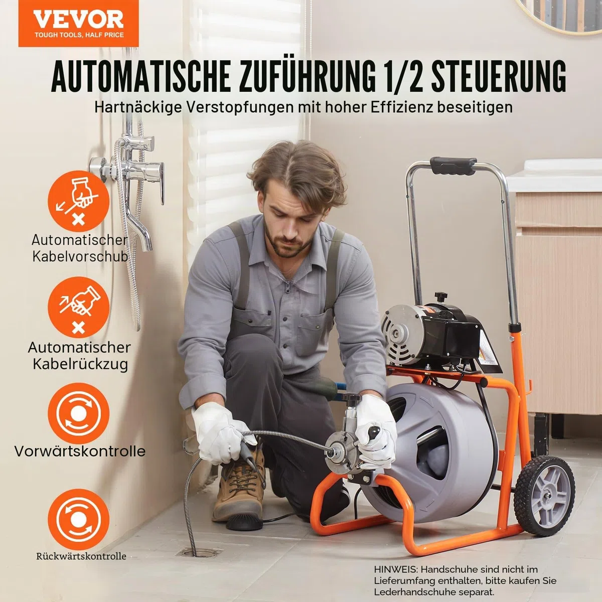 VEVOR Rohrreinigungsmaschine 23 m x 9,5 mm, automatische Rohrreinigungsspirale mit Rädern, tragbare Rohrreinigungsmaschine mit 8 Schneidern und luftaktiviertem Fußschalter für 5,08 bis 10,16 cm Rohre