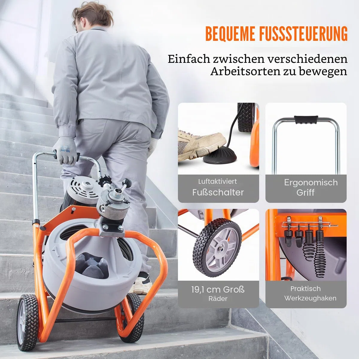 VEVOR Rohrreinigungsmaschine 23 m x 9,5 mm, automatische Rohrreinigungsspirale mit Rädern, tragbare Rohrreinigungsmaschine mit 8 Schneidern und luftaktiviertem Fußschalter für 5,08 bis 10,16 cm Rohre