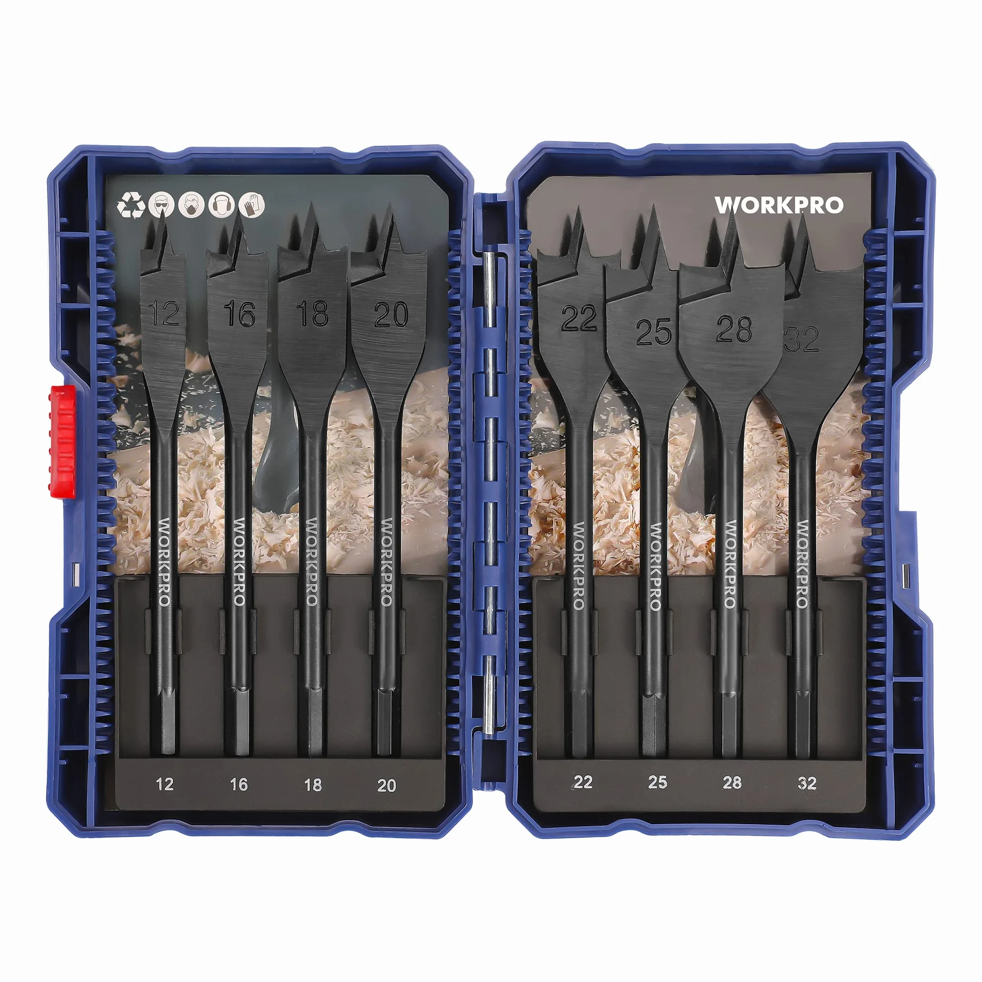 WORKPRO Holzbohrer-Set, flach, Sechskantschaft, Schnellwechsel, 12 mm, 16 mm, 18 mm, 20 mm, 22 mm, 25 mm, 28 mm, 32 mm, 8 Stück