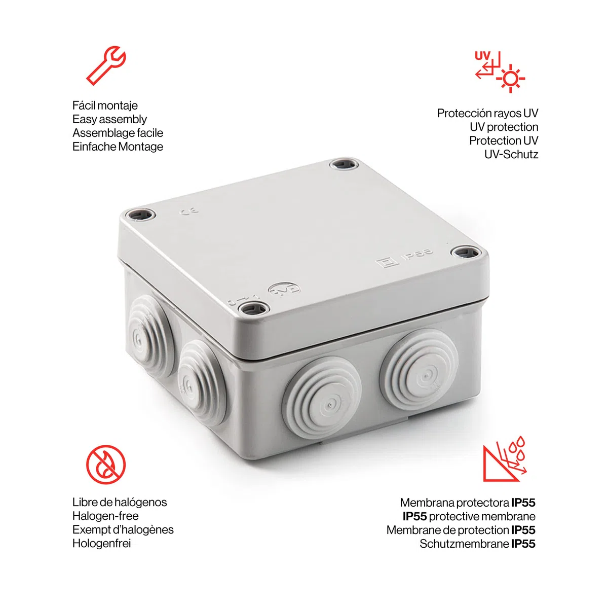 FAMATEL – Packung mit 6 wasserdichte Abzweigdose IP55 (3011) | Halogenfrei | Hohe Schlagfestigkeit | Schrauben 1/4 Drehung | Einfache Montage | Metrischer Kegel | 112x112x64 | Grau