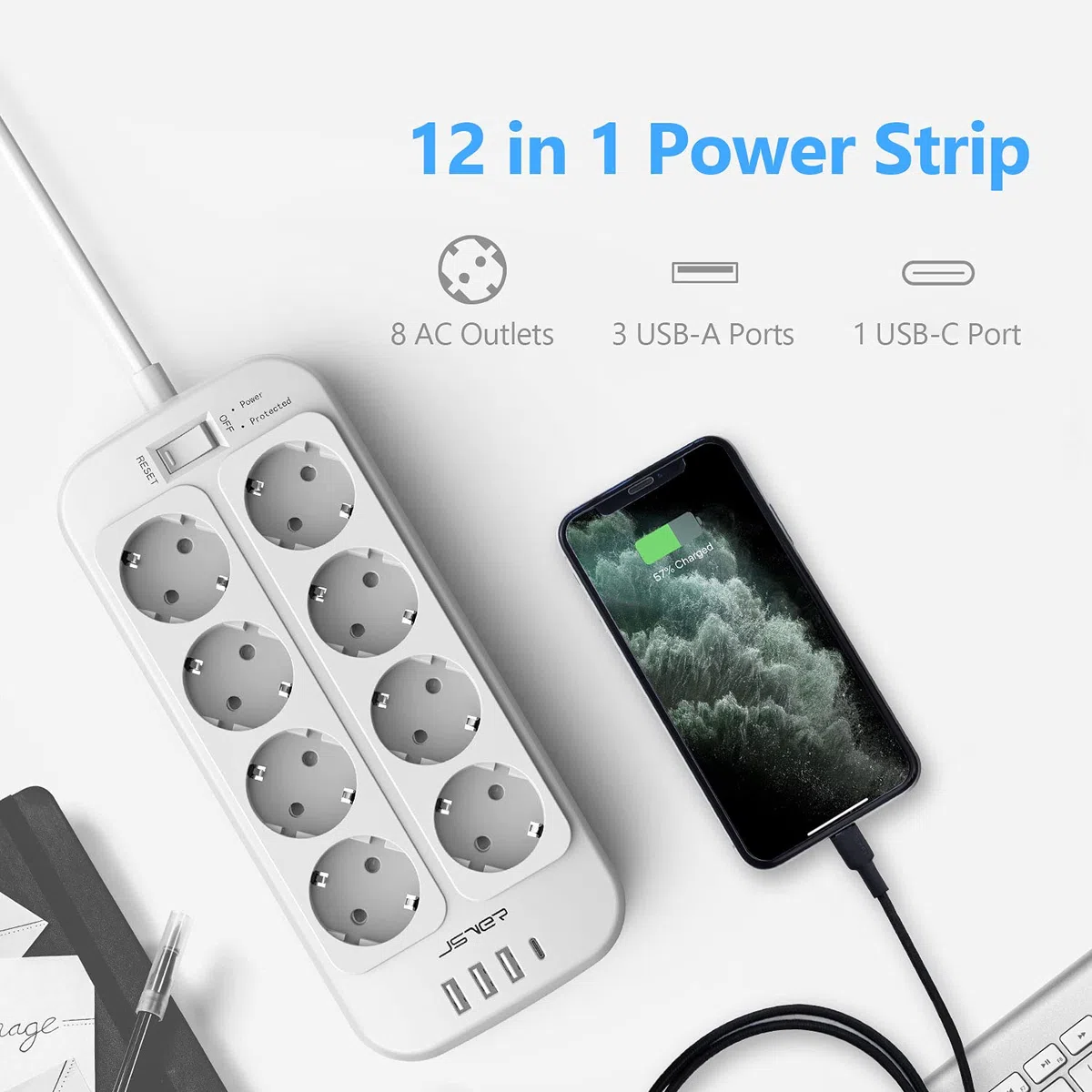 JSVER Steckdosenleiste 8 Fach mit 4 USB Ladeanschlüsse, Mehrfachsteckdose mit USB C, Wandmontage(3680W) Überspannungsschutz mit 2M Kabel Steckerleiste für Smartphones, Laptop-Weiß