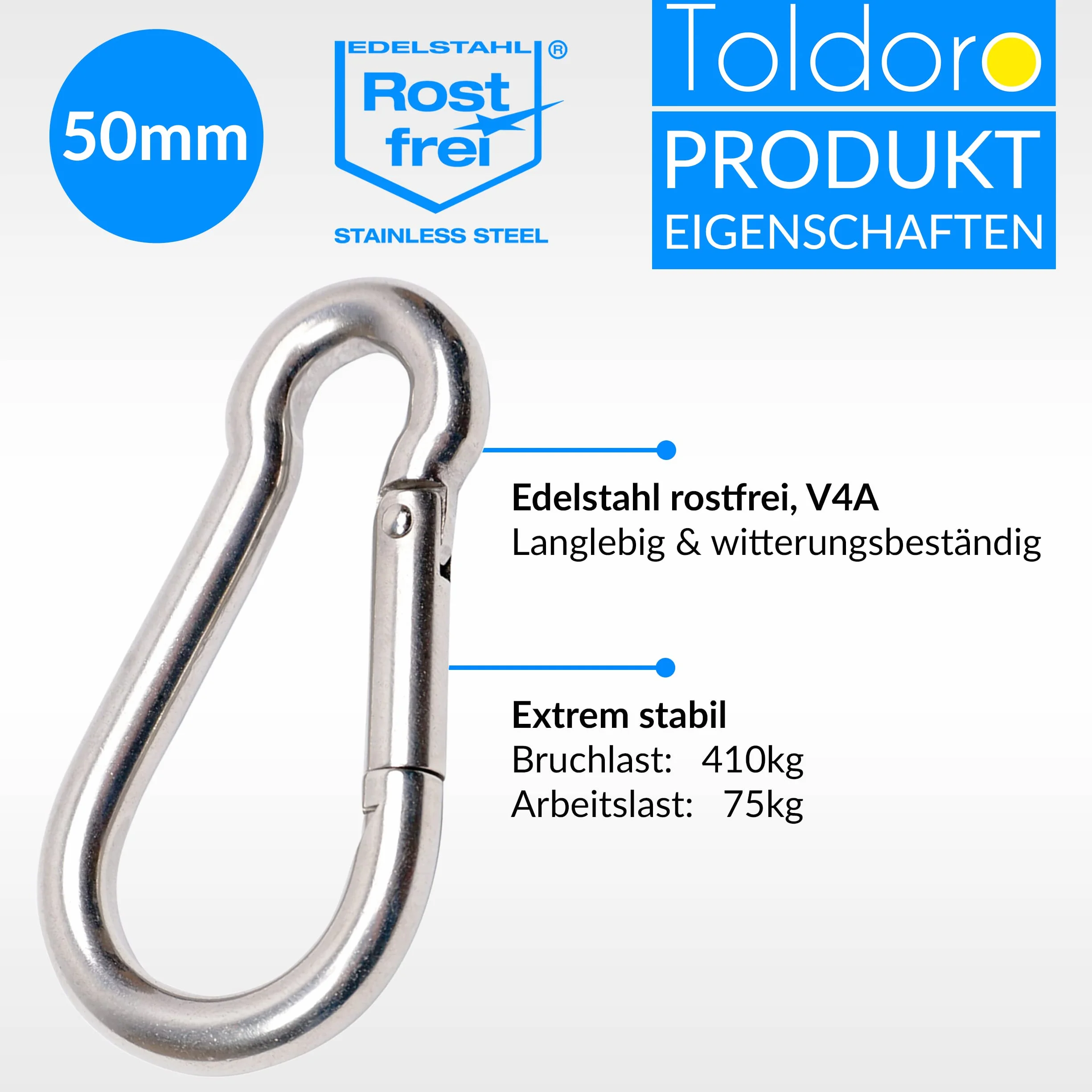 Toldoro Edelstahl Karabiner 5x50mm Rostfrei - NIRO AISI 316 V4A / Karabinerhaken Klein für Schlüsselanhänger, Blumenampel, Hundeleine/Feuerwehrkarabiner, Bruchlast 410kg