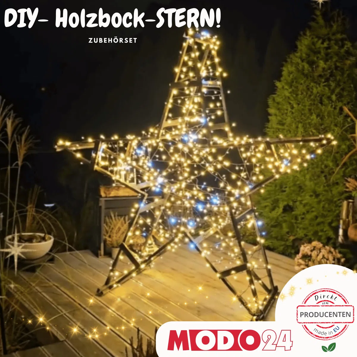 Sägebock Holzbock, Klappbock Arbeitsbock, 5er-Set inklusive Montageteile, DIY Stern, Weihnachtsstern SET, Tapezierbock Montagebock Unterstellbock, Sternabmessungen 180x180x73 cm, Schwarz
