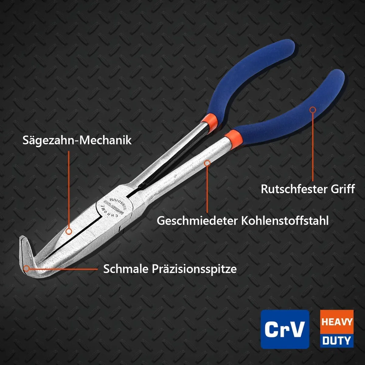 Spitzzange mit langer Reichweite,279 mm Lange,gebogene, mit gezackten Zähnen,Langnasenzange für enge & schwer zugängliche Bereiche,mit rutschfestem Griff(90-Grad-Winkel)