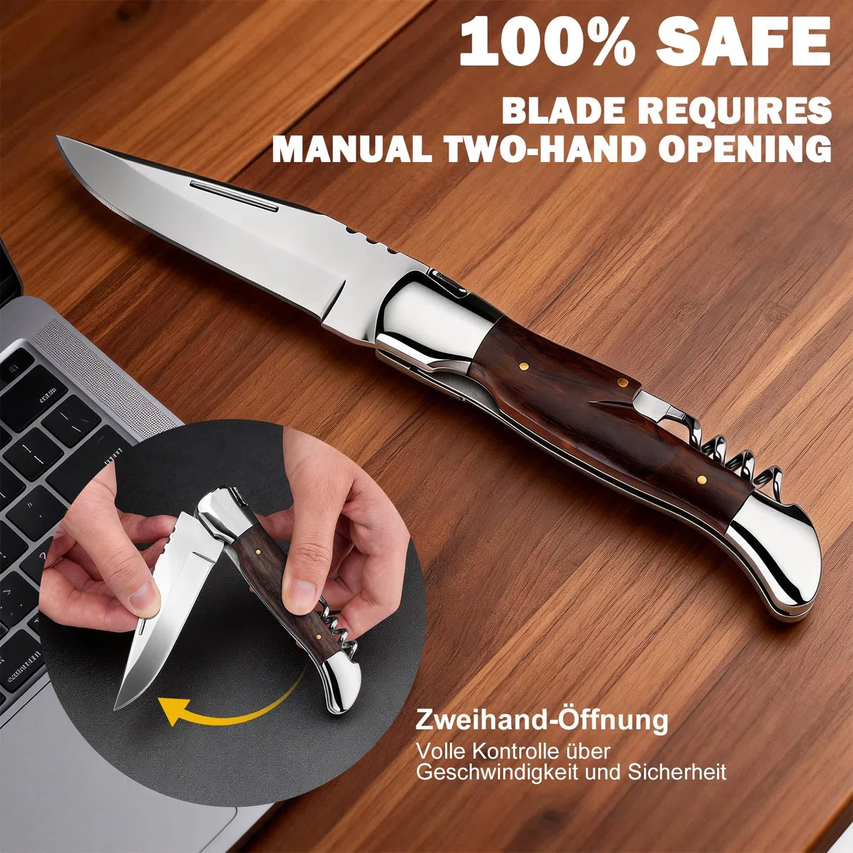 Taschenmesser 42a-konform, Zweihandmesser mit Korkenzieher, sicherem Liner Lock und Holzgriff, EDC Klappmesser für Camping und Wandern