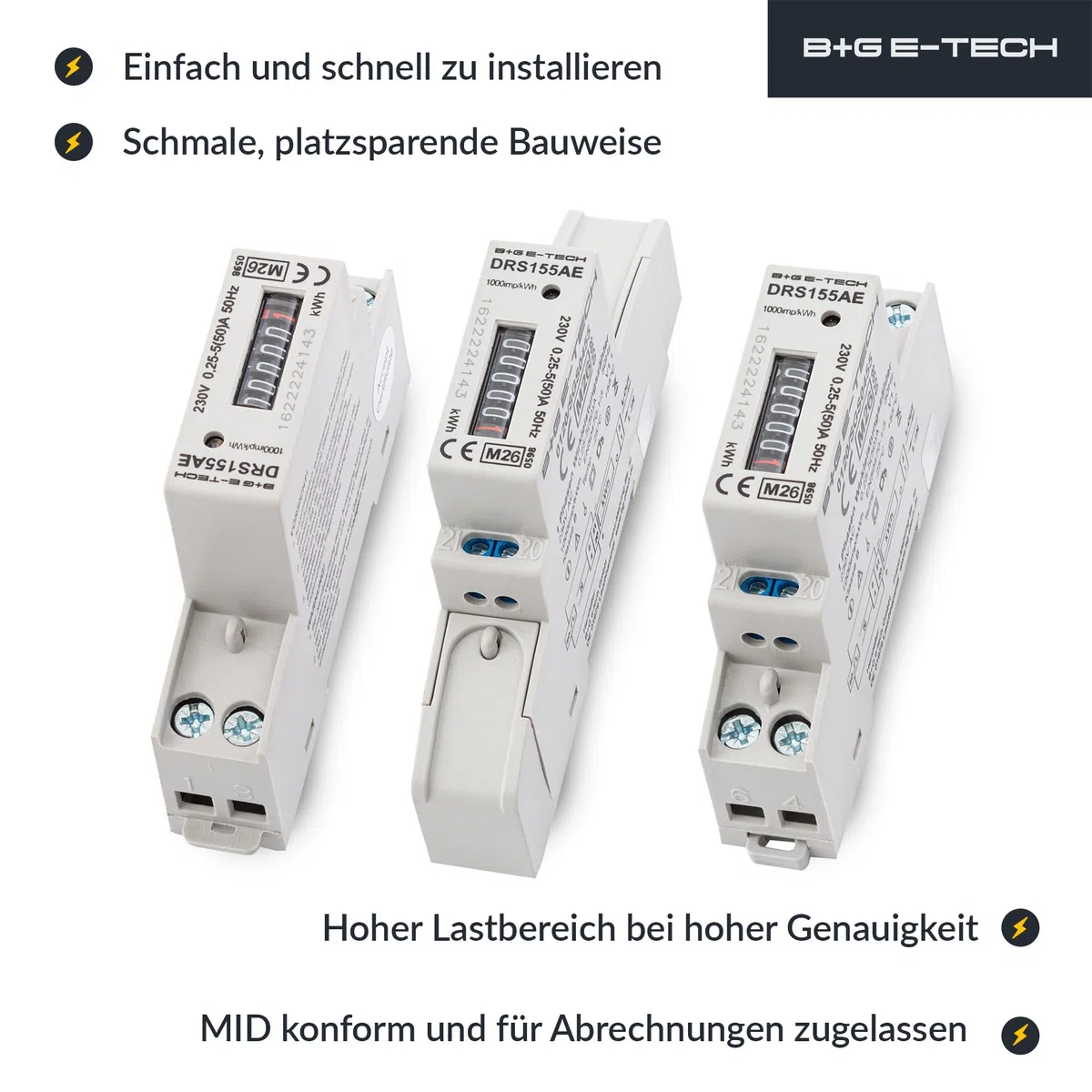1-Phasen Wechselstromzähler [DRS155AE - MID 26] - LCD Digitaler Wechselstromzähler für Hutschiene, 1-Phasen Stromzähler Wattmeter mit Leistungsanzeige, S0, 1 TE, 230V 50A