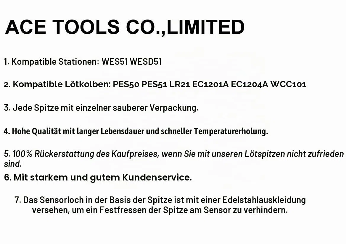 5 Stück Ersatz Lötspitzen für die Lötstationen WESD51 WESD50 WES51 WES50 WE1010 WE1010EU WE1010EDU WCC100 WECP-20 WTL 1000S-0 PES51 PES50 LR21 LR20 WEP70 WECP WCC101 EC1201A EC1204A EC1201Lötkolbentip