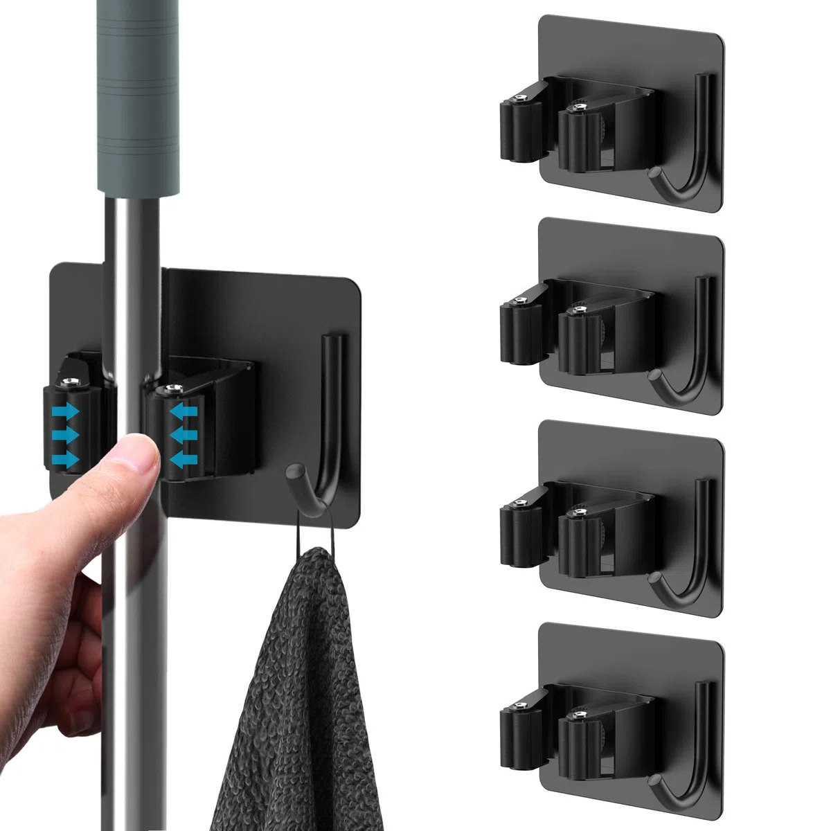 homeasy Besenhalterung Wand 4 Stück Besenhalter Selbstklebend Edelstahl Mop Halter Gerätehalter für Küche Badezimmer Garten (Schwarz)