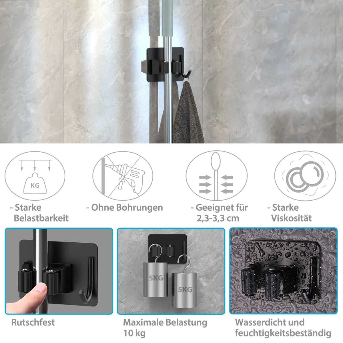 homeasy Besenhalterung Wand 4 Stück Besenhalter Selbstklebend Edelstahl Mop Halter Gerätehalter für Küche Badezimmer Garten (Schwarz)