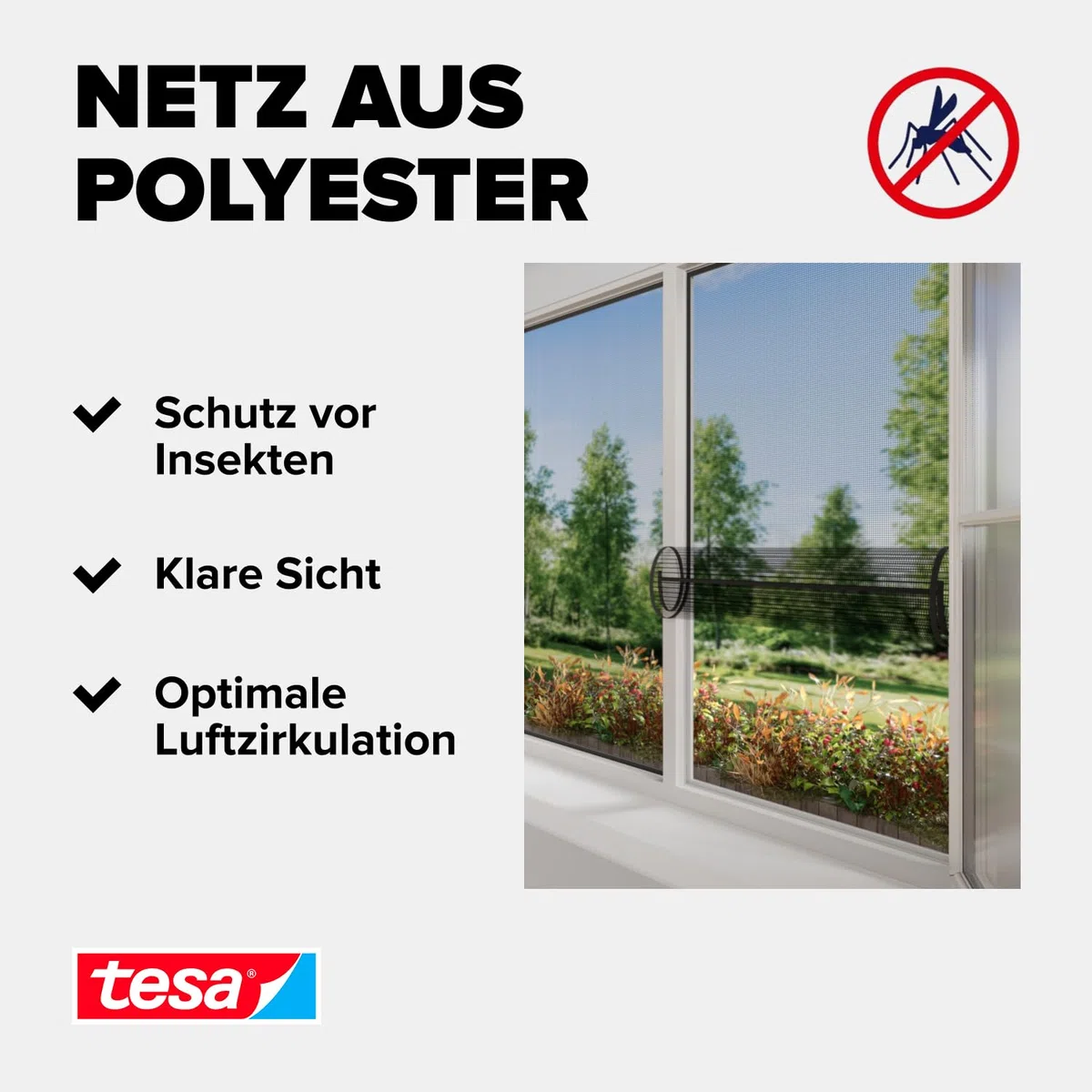 tesa Insect Stop Klett Fliegengitter Open/Close Premium für Fenster - Insektenschutz zum Öffnen und schließen - Mückenschutz ohne Bohren - selbstklebend, 130 cm x 150 cm - Anthrazit (Durchsichtig)