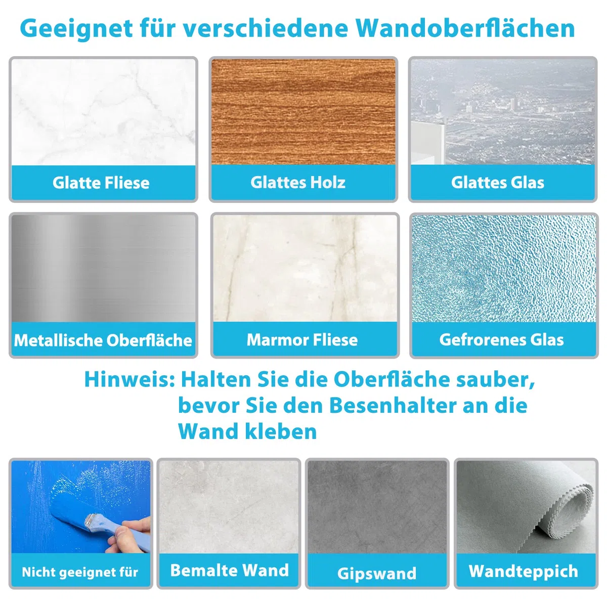 homeasy Besenhalterung Wand 4 Stück Besenhalter Selbstklebend Edelstahl Mop Halter Gerätehalter für Küche Badezimmer Garten (Schwarz)