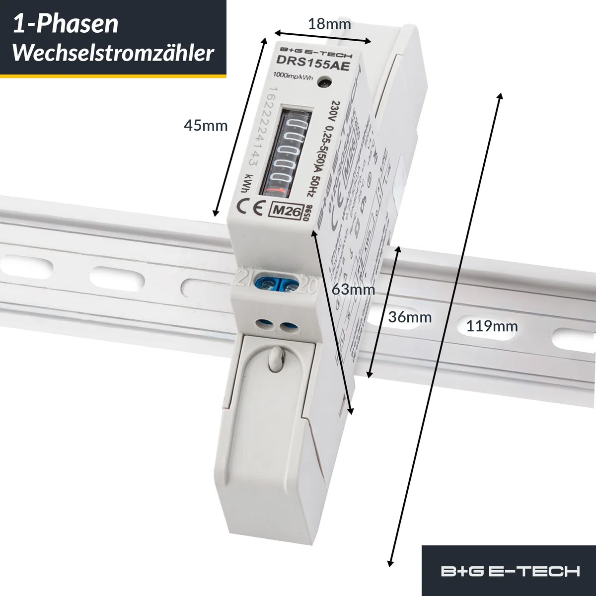 1-Phasen Wechselstromzähler [DRS155AE - MID 26] - LCD Digitaler Wechselstromzähler für Hutschiene, 1-Phasen Stromzähler Wattmeter mit Leistungsanzeige, S0, 1 TE, 230V 50A